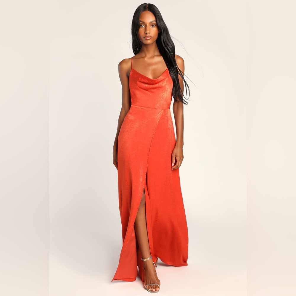 Lulu’s Love of Romance Rust Orange Satin Cowl Nexk Maxi Dress